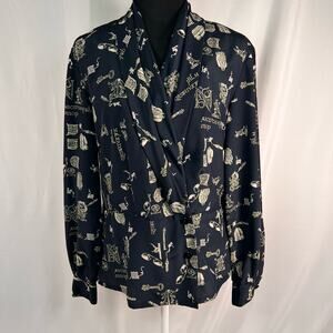 Liz Claiborne Navy Blouse with Cream Script & Motif Print